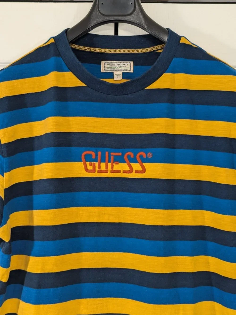 Guess Originals Embroidered Logo Striped Blue and Yellow T-Shirt - Picture 5 of 10